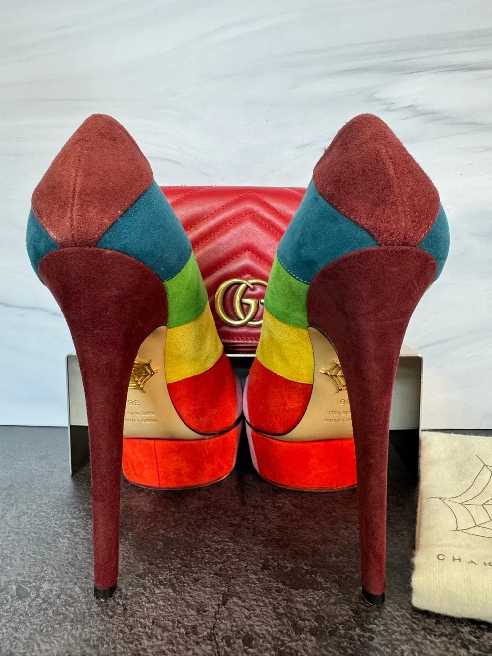 Charlotte Olympia Rainbow Suede Platform Pumps Heels, Size 38